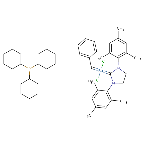 C1CCC(CC1)P(C1CCCCC1)C1CCCCC1.Cc1cc(C)c(c(c1)C)N1CCN(C1=[Ru](=Cc1ccccc1)(Cl)Cl)c1c(C)cc(cc1C)C